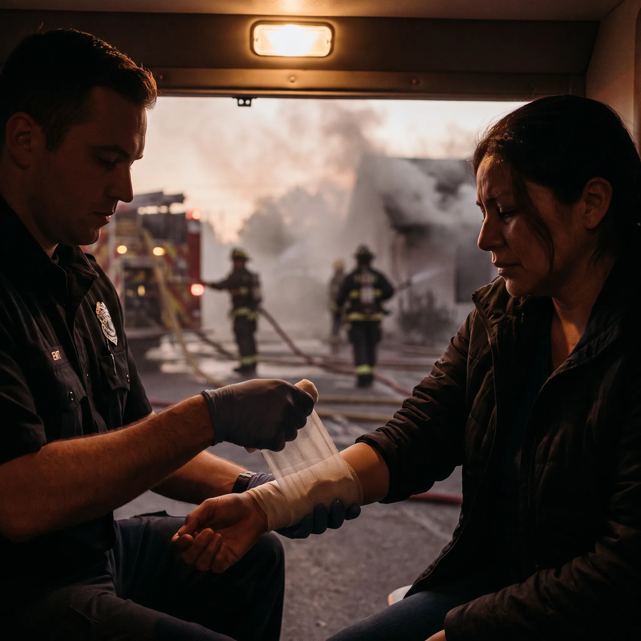 Emergency responder bandaging an injured person's arm after a fire