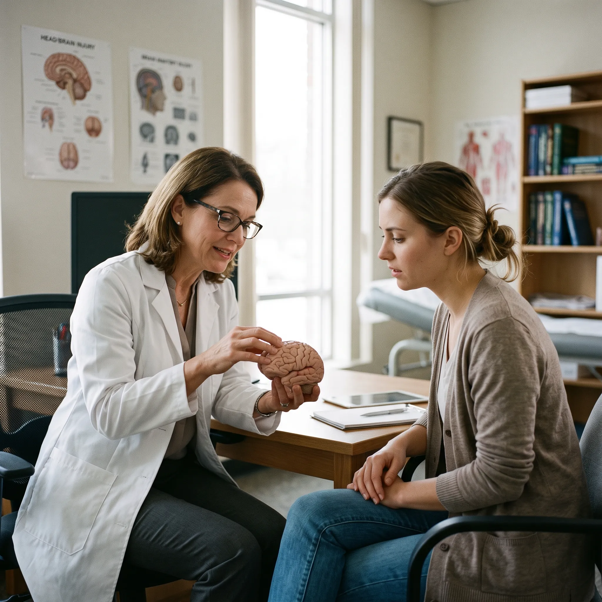 Doctor explaining a brain model during neurological care