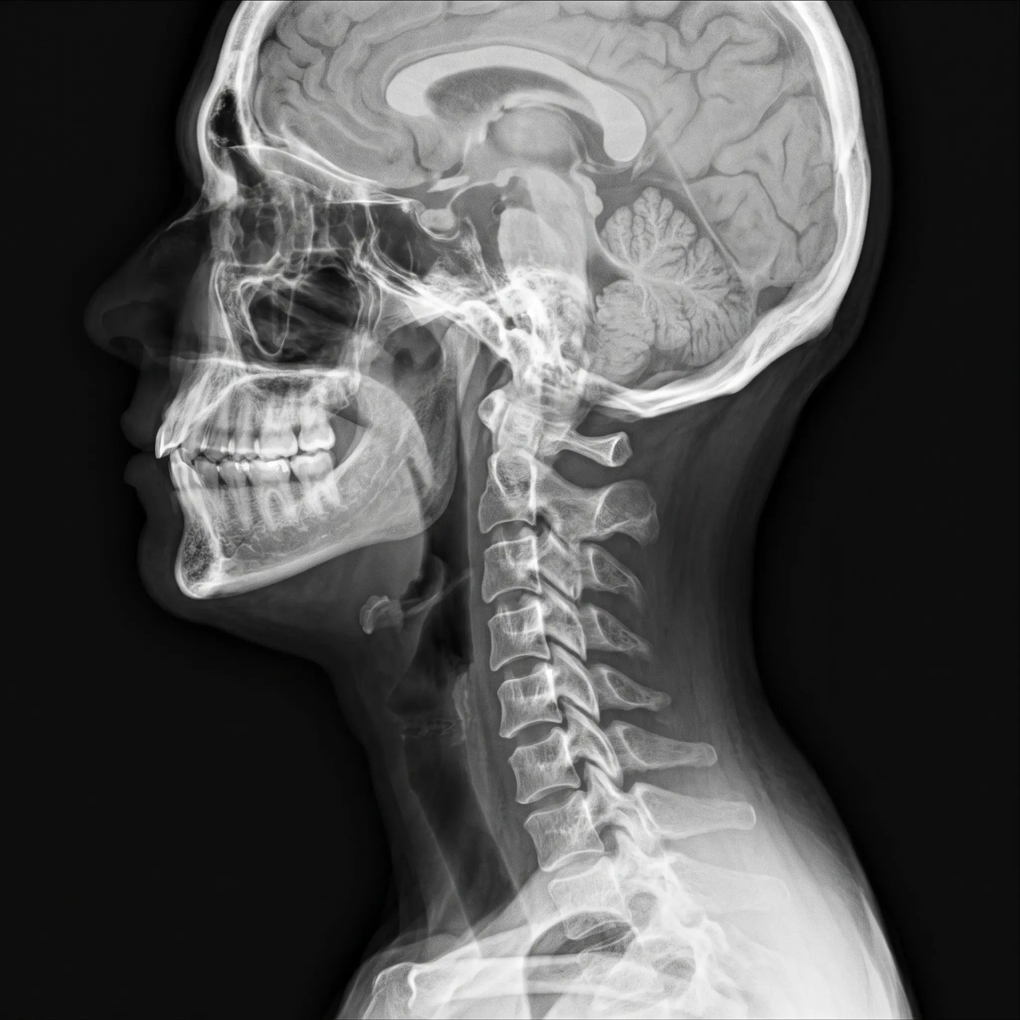 X-ray showing the head, neck, and cervical spine