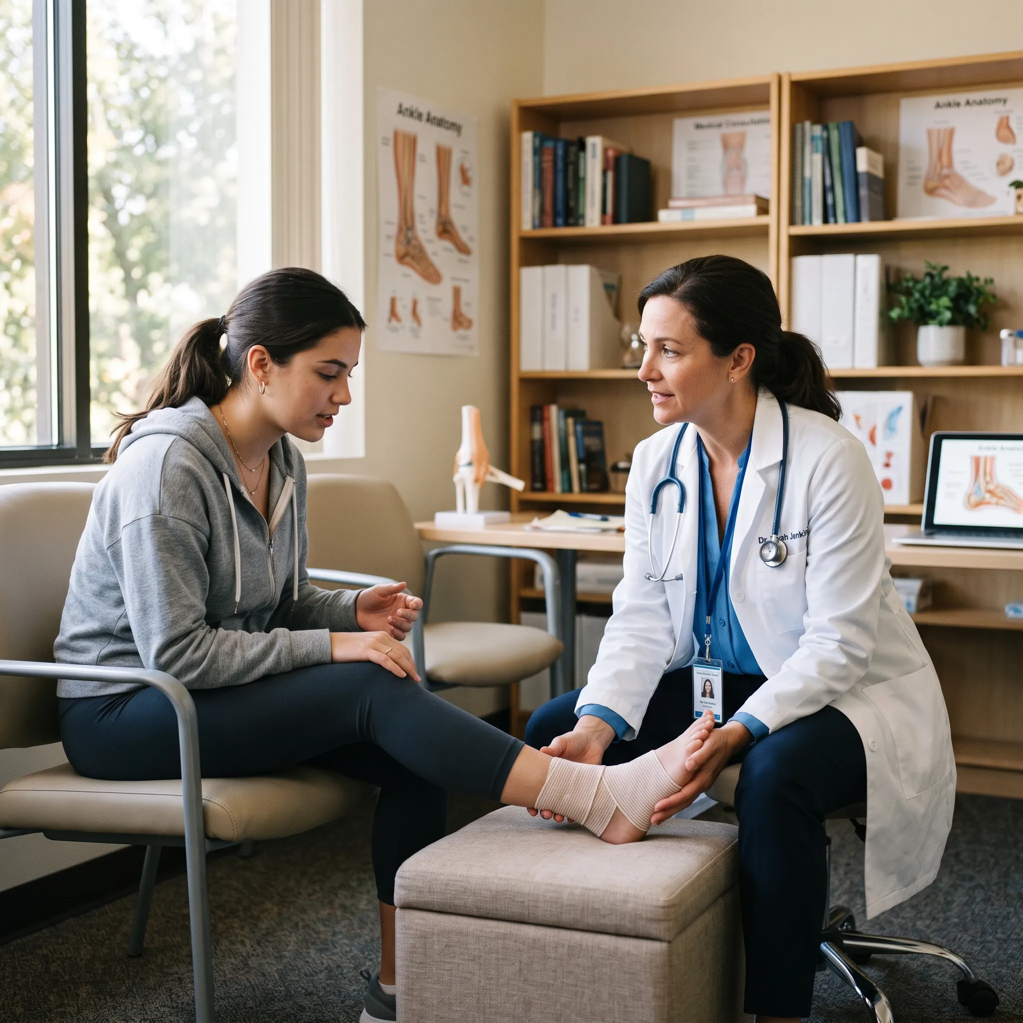 Doctor examining a patient's ankle after a soft-tissue injury