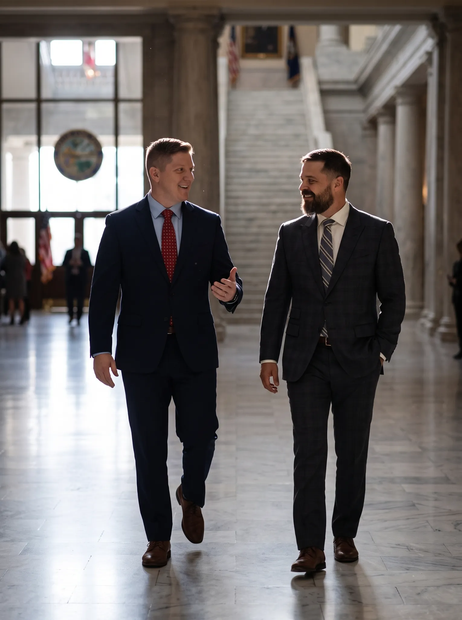 Attorneys walking together in a local courthouse